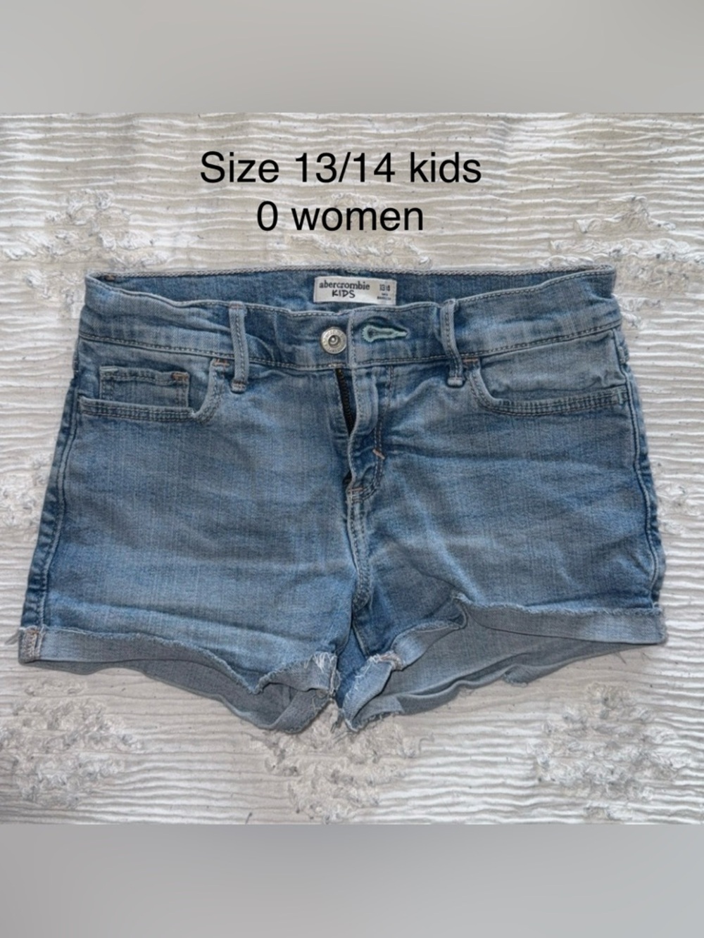 abercrombie kids light blue denim shorts with zipper detail
